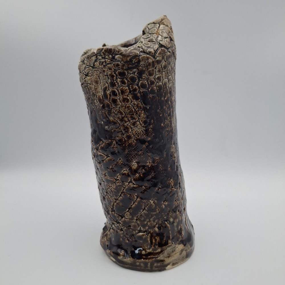 Handcrafted Studio Art Brown Scales Textured‎ Glazed Leaning Pottery 9" Vase